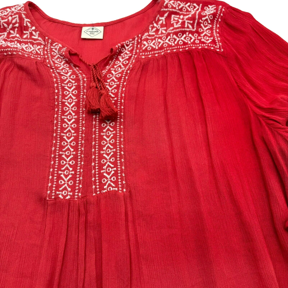 ST JOHN'S BAY Women 3X Orange Pullover Embroidered Crinkle Boho Tassel Tunic Top